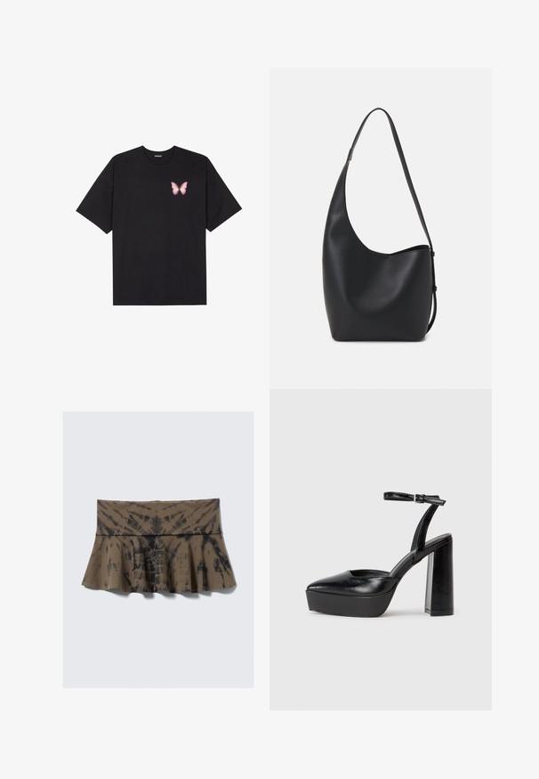 Svart bomulls T-skjorte med korte ermer, med en liten rosa sommerfugl grafikk på venstre bryst. Crew-neck design med en avslappet passform.; Brun batikket flared skjørt med en tettsittende midje, med svarte akenter i et virvlende mønster. Laget av mykt og elastisk materiale.; Sorte plattformhelter med spiss tå og justerbar ankelrem. Laget av glatt lær, med en robust blokkhel.; Svart lær hobo-veske med glatt tekstur, buet form og enkelt justerbart stropp; har en bred åpning på toppen.