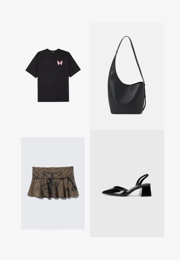 Fekete pamut póló rövid ujjakkal, bal mellkason egy kis rózsaszín pillangó grafikával. Kerek nyakú kialakítás, laza fazonnal.; Barna batikolt, bővülő szoknya, illeszkedő derékrésszel, fekete kiemelésekkel, örvénylő mintázattal. Puha, rugalmas anyagból készült.; Fekete lakk bőr szandálkés magas sarkú cipő, hegyes orral és geometrikus tömbsarkakkal. Karcsú, minimalista dizájn és sima textúra jellemzi.; Fekete bőr hobo táska sima textúrával, ívelt formával és egyetlen állítható pánttal; széles nyílás található a tetején.
