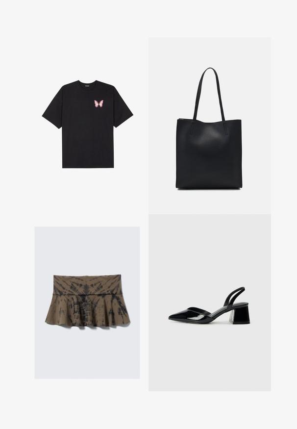 Černé bavlněné tričko s krátkým rukávem, na levém prsou s malou grafikou růžové motýlky. Design s kruhovým výstřihem a volným střihem.; Hnědá sukně s rozšířeným spodním lemem a zavazováním v pase, doplněná černými akcenty v vířivém vzoru. Vyrobena z měkkého elastického materiálu.; Černé lakované kožené lodičky na pásku s špičatou špičkou a geometrickým blokovým podpatkem. Vyznačují se elegantním, minimalistickým designem a hladkým povrchem.; Černá kožená taška přes rameno s hladkým povrchem, obdélníkovým tvarem a dvěma dlouhými uchy. Žádné viditelné kování ani ozdoby.