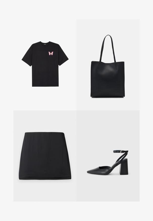 Fekete pamut póló rövid ujjakkal, bal mellkason egy kis rózsaszín pillangó grafikával. Kerek nyakú kialakítás, laza fazonnal.; Fekete mini szoknya sima, rugalmas anyagból. Rugalmas derékkal és egyszerű, letisztult dizájnnal rendelkezik. Nincsenek rajta minták vagy díszítések.; Fekete bőr, hegyes orrú magassarkú cipő boka pánttal és vastag sarokkal. Sima textúra, elegáns dizájn és minimális esztétika.; Fekete bőrtáska sima felszínnel, téglalap alakú, két hosszú füllel. Nincs látható fémkiegészítő vagy díszítés.
