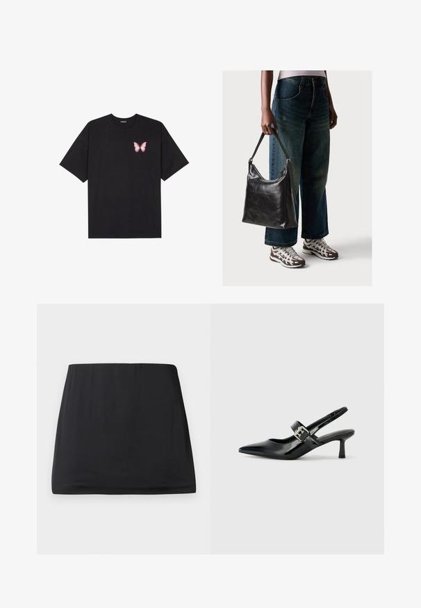 T-shirt nera in cotone con maniche corte, caratterizzata da una piccola grafica di una farfalla rosa sul lato sinistro del petto. Design a girocollo con una vestibilità rilassata.; Mini gonna nera realizzata in un tessuto morbido ed elasticizzato. Presenta una vita elastica e un design semplice e lineare. Nessun motivo o decorazione.; Décolleté neri in vernice con punta affilata e tacco a blocco piccolo, dotati di un accentuato con fibbia argentata sulla cinturino.; Borsa a tracolla nera in pelle con una texture liscia e tracolla regolabile, abbinata a jeans ampi sbiaditi e sneakers sportive.
