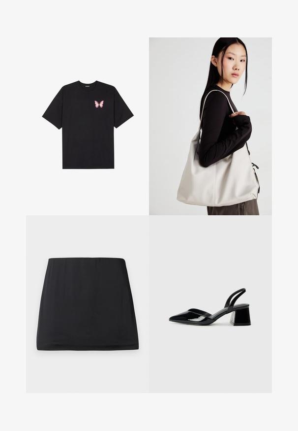 Black cotton t-shirt with short sleeves, featuring a small pink butterfly graphic on the left chest. Crew neck design with a relaxed fit.; Black mini skirt made from a smooth, stretchy fabric. Features an elastic waistband and a simple, streamlined design. No patterns or embellishments.; Black patent leather slingback heels with a pointed toe and a geometric block heel. Features a sleek, minimal design and smooth texture.; Beige handbag made of soft material, featuring a slouchy design, stitched detailing, and two shoulder straps. Suitable for everyday use.
