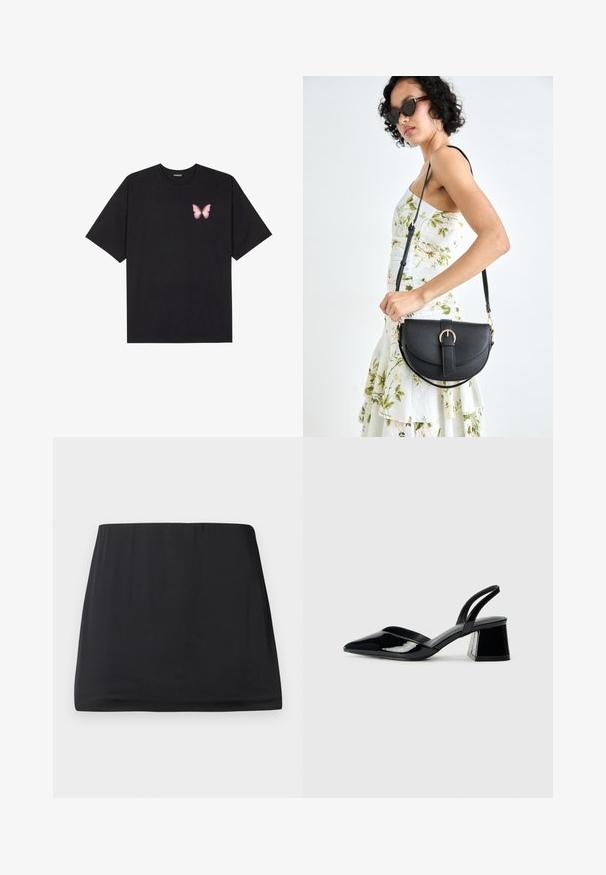 Black cotton t-shirt with short sleeves, featuring a small pink butterfly graphic on the left chest. Crew neck design with a relaxed fit.; Black mini skirt made from a smooth, stretchy fabric. Features an elastic waistband and a simple, streamlined design. No patterns or embellishments.; Black patent leather slingback heels with a pointed toe and a geometric block heel. Features a sleek, minimal design and smooth texture.; Black leather handbag with a curved shape, detachable strap, and gold hardware. The bag features a flap with a buckle detail.