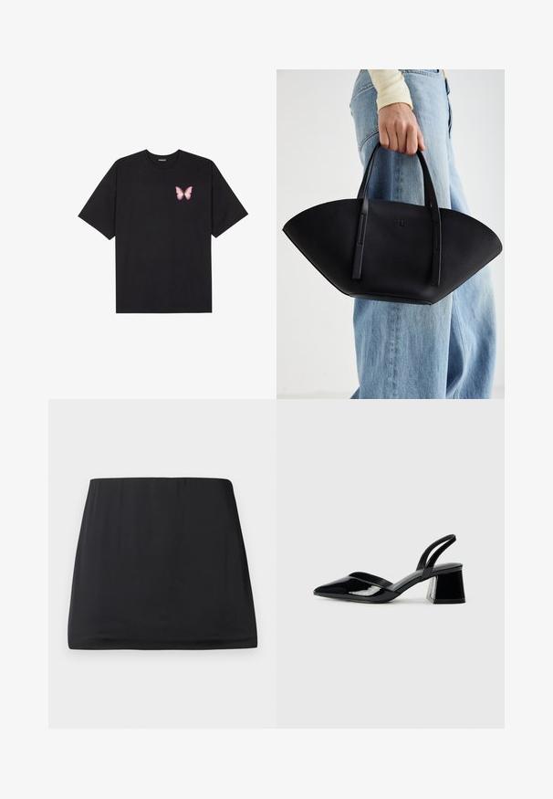 Black cotton t-shirt with short sleeves, featuring a small pink butterfly graphic on the left chest. Crew neck design with a relaxed fit.; Black mini skirt made from a smooth, stretchy fabric. Features an elastic waistband and a simple, streamlined design. No patterns or embellishments.; Black patent leather slingback heels with a pointed toe and a geometric block heel. Features a sleek, minimal design and smooth texture.; Black leather handbag with a unique fan shape, featuring flat handles. The surface has a pebbled texture and a minimalistic design.