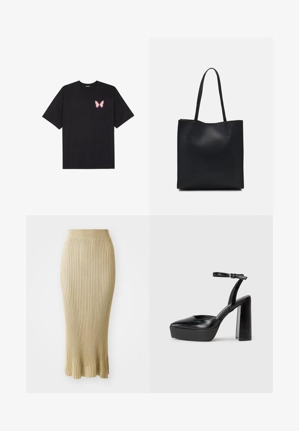 Fekete pamut póló rövid ujjakkal, bal mellkason egy kis rózsaszín pillangó grafikával. Kerek nyakú kialakítás, laza fazonnal.; Világos bézs kötött ceruzaszoknya, függőleges bordázással, testhez simuló derékrésszel és enyhén bővülő aljjal, finom részletekkel az alján.; Fekete platform magassarkú cipők hegyes orral és állítható bokapánttal. Sima bőrből készült, vastag talppal.; Fekete bőrtáska sima felszínnel, téglalap alakú, két hosszú füllel. Nincs látható fémkiegészítő vagy díszítés.