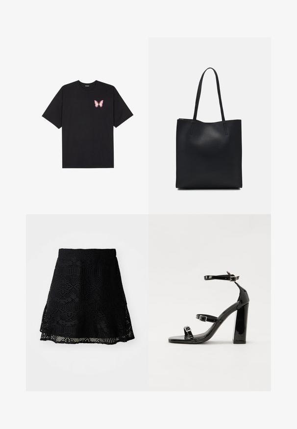 T-shirt de algodão preto com mangas curtas, apresentando um pequeno gráfico de borboleta rosa no lado esquerdo do peito. Design de gola redonda com um corte solto.; Saia preta de renda com padrões geométricos intricados, de forma evasê e com cintura elástica. Apresenta uma bainha em camadas para maior dimensão.; Sandálias de tacão preto laqueadas com bico quadrado, tiras para o tornozelo e fivelas prateadas. Apresentam um salto bloco chunky para estabilidade.; Bolsa tote preta em couro com textura lisa, forma retangular e duas alças longas. Sem hardware ou enfeites visíveis.