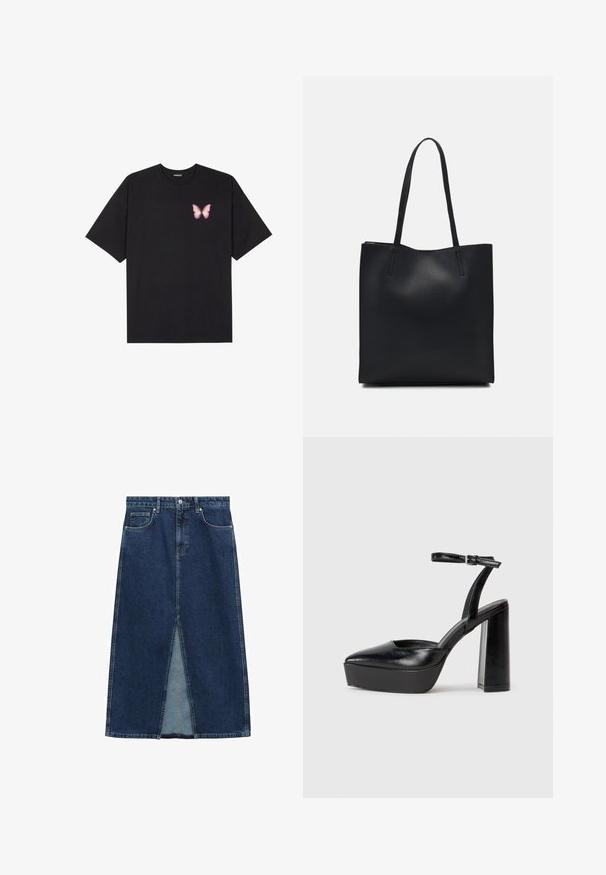 T-shirt nera in cotone con maniche corte, caratterizzata da una piccola grafica di una farfalla rosa sul lato sinistro del petto. Design a girocollo con una vestibilità rilassata.; Gonna di jeans con vita alta, spacco frontale e due tasche anteriori. Colore blu scuro con texture liscia e design casual.; Tacchi a piattaforma neri con punta appuntita e cinturino regolabile alla caviglia. Realizzati in pelle liscia, presentano un tacco a blocco spesso.; Borsa tote in pelle nera con texture liscia, forma rettangolare e due manici lunghi. Nessun hardware o decorazione visibile.