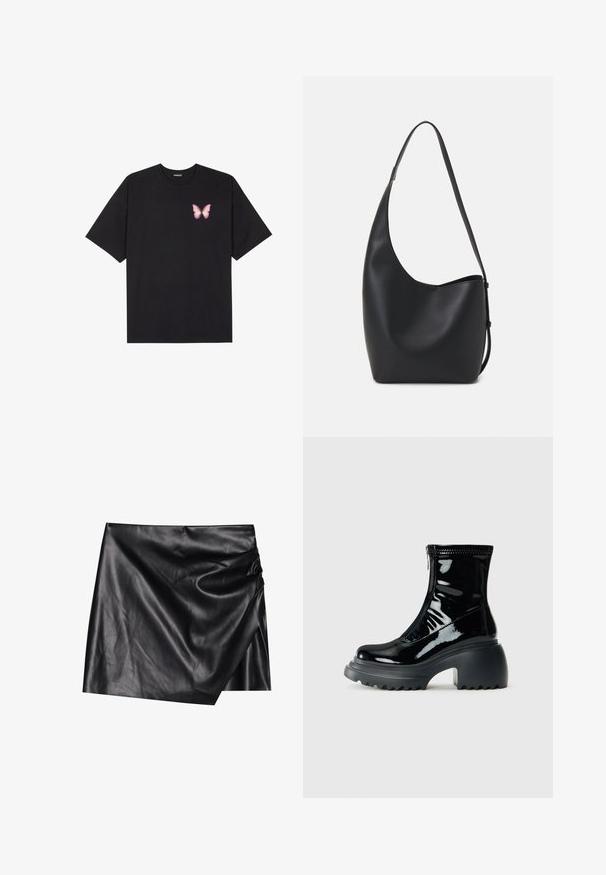 T-shirt nera in cotone con maniche corte, caratterizzata da una piccola grafica di una farfalla rosa sul lato sinistro del petto. Design a girocollo con una vestibilità rilassata.; Mini gonna nera in pelle con design avvolgente, caratterizzata da una texture morbida e liscia e dettagli di drappeggio discreti su un lato.; Stivaletto alla caviglia nero lucido con punta rotonda, tacco spesso, chiusura con zip e suola spessa e zigrinata su sfondo bianco.; Borsa hobo nera in pelle con una superficie liscia, forma curvata e una singola tracolla regolabile; presenta un'ampia apertura nella parte superiore.