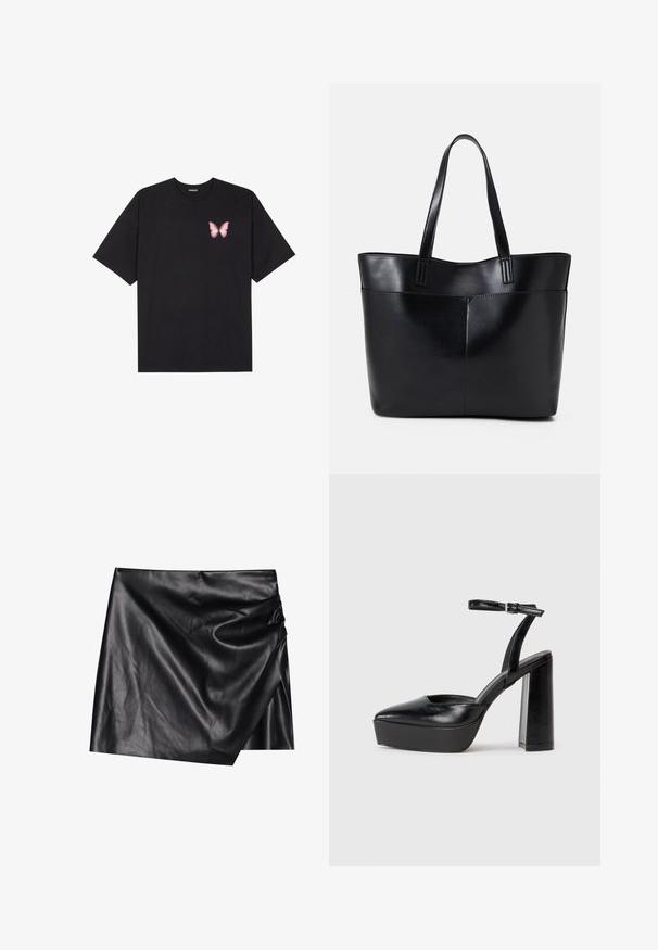 Musta puuvillapaita lyhyillä hihoilla, jossa on pieni vaaleanpunainen perhosgrafiikka vasemmassa rinnassa. Pyöreä kaula-aukko ja rento istuvuus.; Musta nahkainen mini-hame, jossa on kääntödesign, pehmeällä ja sileällä tekstuurilla sekä hienovaraisilla laskostusdetailleilla toisella puolella.; Mustat korkeat platform-kengät, joissa on terävä kärki ja säädettävä nilkkaremmi. Valmistettu sileästä nahasta ja varustettu paksulla lohkokorkeudella.; Musta nahkainen kassi, jossa on kaksi pitkää kahvaa, sileä pinta ja jämäkkä muoto. Sisältää etutaskun lisävarastointia varten.
