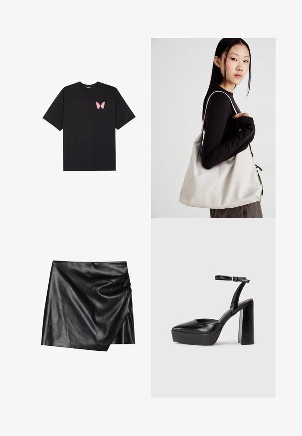 Black cotton t-shirt with short sleeves, featuring a small pink butterfly graphic on the left chest. Crew neck design with a relaxed fit.; Black leather mini skirt with a wrap design, featuring a soft, smooth texture and subtle draping details on one side.; Black platform heels with a pointed toe and adjustable ankle strap. Constructed from smooth leather, featuring a chunky block heel.; Beige handbag made of soft material, featuring a slouchy design, stitched detailing, and two shoulder straps. Suitable for everyday use.