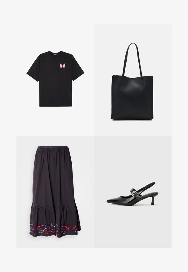 Must muströöpidega must puuvillane T-särk, vasakul rinnal on väike roosa liblikas. Ümar kaelus ja vabalt istuv lõige.; Tumehallist puuvillasest seelikust, millel on kihiline disain ja punaste, siniste ning kollaste tikanditega lillede aktsendid hemul. Painduva vöökohaga.; Mustad patenteeritud nahast sildiga kontsad, millel on terav nina ja väike plokk-konts, mille rihmal on hõbedane pandla aksessuaar.; Mustast nahast kott sujuva tekstuuriga, ristkülikukujuline ja kahe pika sangaga. Pole nähtavat riistvara ega kaunistusi.