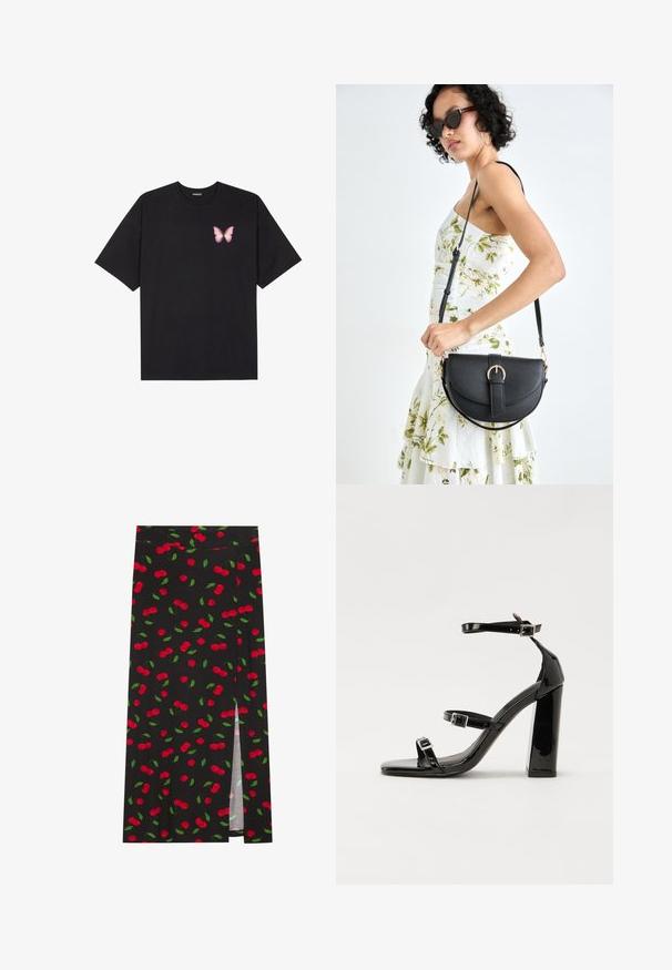 Zwarte katoenen t-shirt met korte mouwen, voorzien van een kleine roze vlinder graphic op de linkerkant van de borst. Crew neck ontwerp met een relaxte fit.; Zwarte rok met een kersenprint van rode kersen en groene bladeren. Inclusief een zijspleet voor extra ontwerpelement.; Zwarte gepatenteerde sandalen met hak en een vierkante neus, enkelbandjes en zilveren gespen. Heeft een stevige blokhak voor stabiliteit.; Zwarte leren handtas met een gebogen vorm, afneembare schouderband en gouden hardware. De tas heeft een klep met een gespsluiting.
