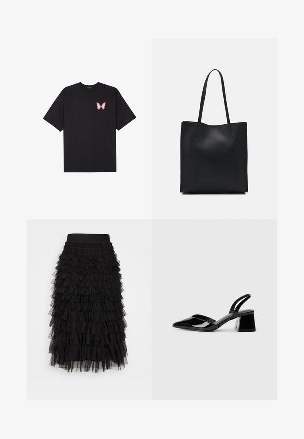 T-shirt de algodão preto com mangas curtas, apresentando um pequeno gráfico de borboleta rosa no lado esquerdo do peito. Design de gola redonda com um corte solto.; Saia preta em camadas com uma cintura elástica, múltiplas camadas de babados franzidos e uma textura de tule suave, criando volume e movimento.; Sandy em verniz preto com salto slingback, ponta afilada e salto geométrico. Apresenta um design elegante e minimalista com textura suave.; Bolsa tote preta em couro com textura lisa, forma retangular e duas alças longas. Sem hardware ou enfeites visíveis.