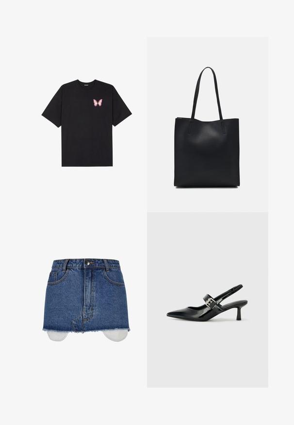 Fekete pamut póló rövid ujjakkal, bal mellkason egy kis rózsaszín pillangó grafikával. Kerek nyakú kialakítás, laza fazonnal.; Farmernadrág szoknya, középkék színben, klasszikus öt zsebes kivitel, rojtos alsó szegély, kontrasztos varrás, fém gombos zárás, látható bélés.; Fekete lakkbőr slingback sarkú cipők hegyes orral és kis blokk talppal, ezüst csat díszítéssel a pánton.; Fekete bőrtáska sima felszínnel, téglalap alakú, két hosszú füllel. Nincs látható fémkiegészítő vagy díszítés.