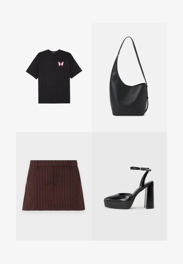 Tricou negru din bumbac cu mâneci scurte, având pe partea stângă a pieptului un mic grafic cu un fluture roz. Design cu guler rotund și croială lejeră.; Fustă cu dungi fine maro, cu o croială ajustată, având un talie plată, buzunare laterale și un tiv drept. Material din amestec de bumbac.; Pantofi cu toc platformă negri, cu vârful ascuțit și curea reglabilă la gleznă. Confecționați din piele netedă, având un toc gros.; Geantă hobo din piele neagră, cu o textură netedă, formă curbată și un singur bretele ajustabil; are o deschidere largă în partea de sus.