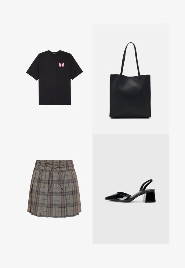 Camiseta de algodón negra de manga corta, con un pequeño gráfico de mariposa rosa en el lado izquierdo del pecho. Diseño de cuello redondo con un corte relajado.; Falda a cuadros con cintura elástica y cordón ajustable. Presenta una base gris claro con patrones de cuadros en negro y rojo.; Zapatos de tacón slingback de charol negro con punta afilada y tacón geométrico en bloque. Presentan un diseño elegante y minimalista, así como una textura suave.; Bolso tote de cuero negro con textura lisa, forma rectangular y dos asas largas. Sin herrajes ni adornos visibles.