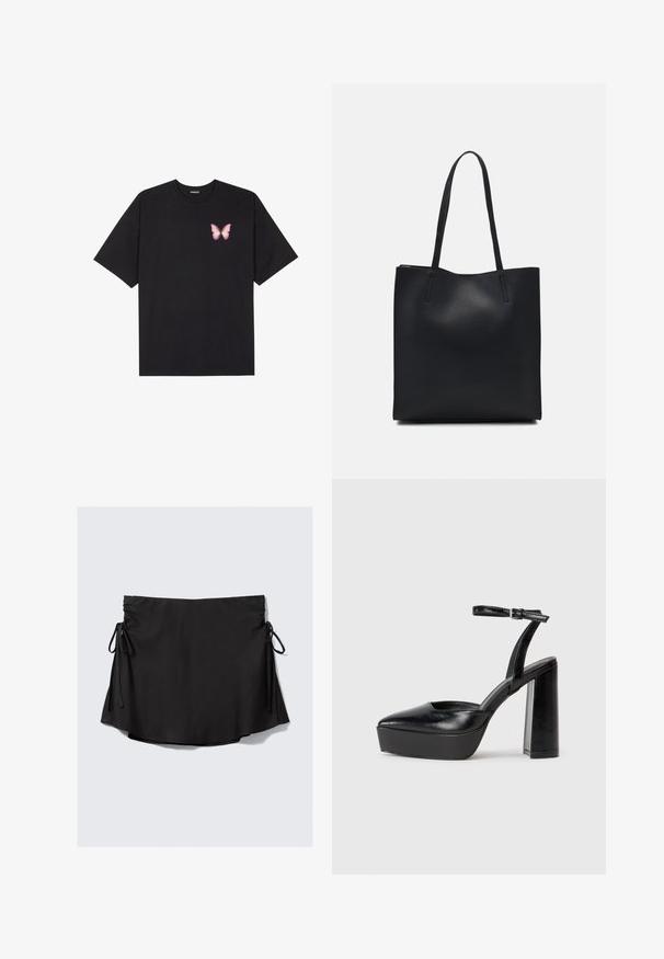 Crna pamučna majica s kratkim rukavima, s malim grafičkim prikazom ružičaste vjetricaste s desne strane na prsima. Dizajn s okruglim izrezom i opuštenim krojem.; Crna suknja s glatkom teksturom, podesivim vezicama sa svake strane, lagano raširenim rubom i laganim materijalom.; Crne platforme s potpeticom s oštrim vrhom i podešivom naramenicom. Izrađene od glatke kože, s masivnom blok petom.; Crna kožna torba za nošenje s glatkom teksturom, pravokutnim oblikom i dvije duge ručke. Nema vidljivih metalnih dijelova ili ukrasa.