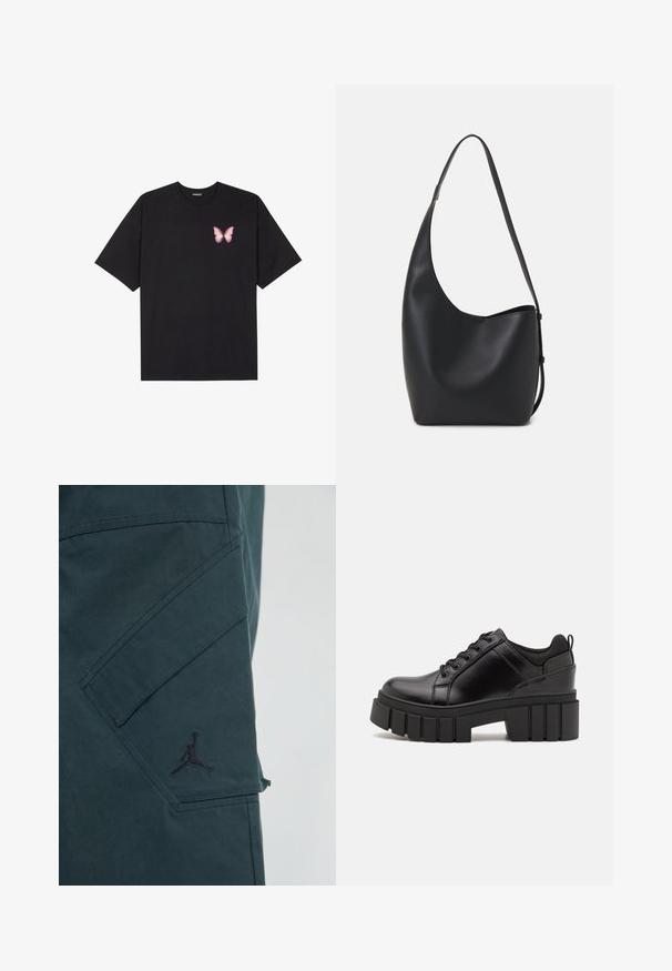 Black cotton t-shirt with short sleeves, featuring a small pink butterfly graphic on the left chest. Crew neck design with a relaxed fit.; Dark green cargo pants with a matte texture and angled pocket. Features a black Jumpman logo and visible stitching detail.; Black leather platform shoes with a chunky block heel, round toe, and traditional lace-up design. Features smooth texture and minimal detailing.; Black leather hobo bag with a smooth texture, curved shape, and single adjustable strap; features a wide opening at the top.
