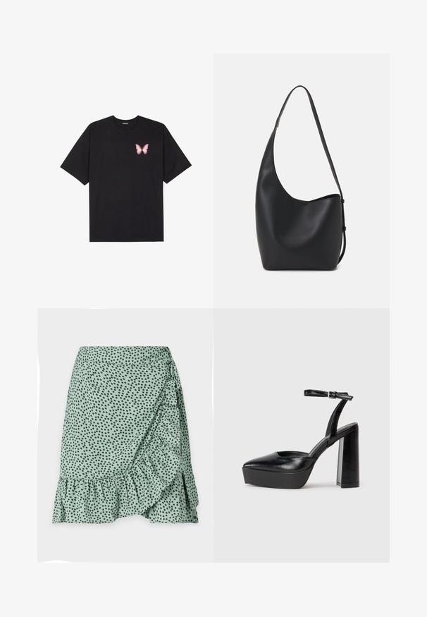 Fekete pamut póló rövid ujjakkal, bal mellkason egy kis rózsaszín pillangó grafikával. Kerek nyakú kialakítás, laza fazonnal.; Zöld szövet szoknya fekete pöttyös mintával, fodros szegéllyel és oldalsó megkötős kialakítással. Simább textúra és könnyű anyag.; Fekete platform magassarkú cipők hegyes orral és állítható bokapánttal. Sima bőrből készült, vastag talppal.; Fekete bőr hobo táska sima textúrával, ívelt formával és egyetlen állítható pánttal; széles nyílás található a tetején.