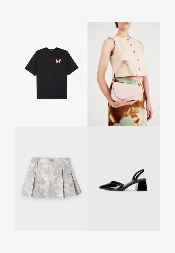 T-shirt de algodão preto com mangas curtas, apresentando um pequeno gráfico de borboleta rosa no lado esquerdo do peito. Design de gola redonda com um corte solto.; Saia de ganga cinza com pregas, apresentando um padrão de folhas subtil em tons mais claros. Corte clássico com uma cintura e fecho de botão metálico.; Sandy em verniz preto com salto slingback, ponta afilada e salto geométrico. Apresenta um design elegante e minimalista com textura suave.; Bolsa de mão rosa em pele com aba curva, alça única para o ombro e linhas limpas. A bolsa apresenta uma textura suave e um design minimalista.