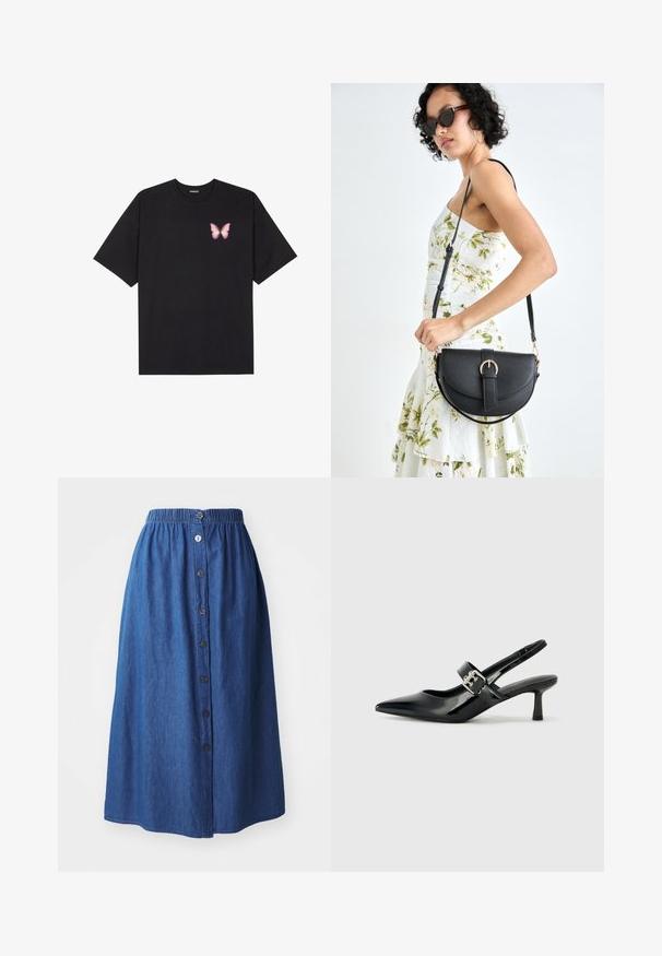 Black cotton t-shirt with short sleeves, featuring a small pink butterfly graphic on the left chest. Crew neck design with a relaxed fit.; Denim skirt with an elastic waistband, blue fabric, full length, front button closure, and subtle texture. No visible patterns or accents.; Black patent leather slingback heels with a pointed toe and a small block heel, featuring a silver buckle accent on the strap.; Black leather handbag with a curved shape, detachable strap, and gold hardware. The bag features a flap with a buckle detail.