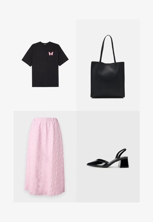 Zwarte katoenen t-shirt met korte mouwen, voorzien van een kleine roze vlinder graphic op de linkerkant van de borst. Crew neck ontwerp met een relaxte fit.; Lichtroze, knie-lange rok met een gestructureerd, gekreukt ontwerp. Elastische tailleband voor comfort en gemakkelijke draagbaarheid. Geen zichtbare sluiting.; Zwarte gepatineerde leren slingback hakken met een spitse neus en een geometrische blokhak. Kenmerkt zich door een slank, minimalistisch ontwerp en een gladde textuur.; Zwarte leren handtas met een gladde textuur, rechthoekige vorm en twee lange handvaten. Geen zichtbare hardware of versieringen.