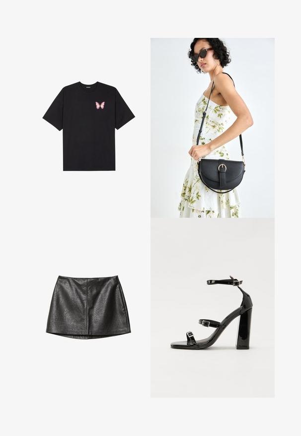 Schwarzes Baumwoll-T-Shirt mit kurzen Ärmeln, das ein kleines pinkes Schmetterlingsmotiv auf der linken Brust zeigt. Crewneck-Design mit einem entspannten Schnitt.; Schwarze Kunstlederrok mit glatter Textur, geradem Schnitt und subtiler Optik, entworfen mit minimalen Nähten.; Schwarze patentierte Sandalen mit Absatz, quadratischer Spitze, Knöchelriemen und silbernen Schnallen. Mit einem stabilen Blockabsatz für mehr Stabilität.; Schwarze Lederhandtasche mit geschwungener Form, abnehmbarem Tragegurt und goldenen Beschlägen. Die Tasche verfügt über einen Deckel mit einer Schnallen-Details.