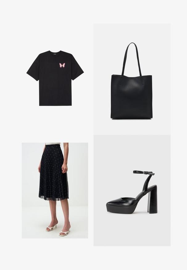 Schwarzes Baumwoll-T-Shirt mit kurzen Ärmeln, das ein kleines pinkes Schmetterlingsmotiv auf der linken Brust zeigt. Crewneck-Design mit einem entspannten Schnitt.; Schwarzer, gefalteter Midirock mit besticktem Stern-Muster, elastischem Bund und durchscheinendem Overlay, kombiniert mit weißen, offenen, Absatzsandalen.; Schwarze Plateau-High Heels mit spitzem Zeh und verstellbarem Knöchelriemen. Gefertigt aus glattem Leder und mit einem klobigen Blockabsatz.; Schwarze Laptoptasche aus Leder mit glatter Textur, rechteckiger Form und zwei langen Griffen. Keine sichtbaren Beschläge oder Verzierungen.