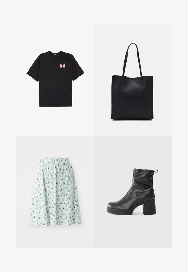 Juodas medvilnės marškinėliai trumpomis rankovėmis, su maža rožine drugelio grafika kairėje krūtinės pusėje. Apvalus kaklo iškirpimas, laisvas kirpimas.; Gėlėta sijonas su elastinga juosta, pagamintas iš lengvos medžiagos. Turi mėtų žalios spalvos pagrindą su mažomis mėlynomis ir baltomis gėlių raštais visame paviršiuje.; Juodos kulkšninių botai, pagaminti iš lygaus odos, su šoniniu užtrauktuku, masyviu tekstūruotu kulnu ir apvaliu pirštu.; Juodas odinis tote krepšys su lygia tekstūra, stačiakampio formos ir dviem ilgais rankenomis. Matomų metalinių detalių ar puošybos nėra.