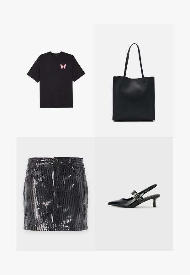 Schwarzes Baumwoll-T-Shirt mit kurzen Ärmeln, das ein kleines pinkes Schmetterlingsmotiv auf der linken Brust zeigt. Crewneck-Design mit einem entspannten Schnitt.; Schwarzer Pailletten-Minirock mit taillierter Passform, Knopfverschluss und einer glänzenden Oberfläche, die das Licht reflektiert. Gerade Säume und funktionale Taschen.; Schwarze Lackleder Slingback-Absätze mit spitzem Zeh und kleinem Blockabsatz, ausgestattet mit einem silbernen Schnallenakzent am Riemen.; Schwarze Laptoptasche aus Leder mit glatter Textur, rechteckiger Form und zwei langen Griffen. Keine sichtbaren Beschläge oder Verzierungen.