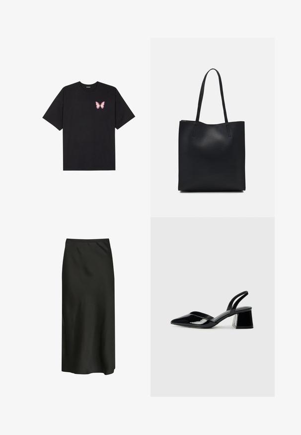 Must muströöpidega must puuvillane T-särk, vasakul rinnal on väike roosa liblikas. Ümar kaelus ja vabalt istuv lõige.; Mustern mustriga mustri, mis on valmistatud siledast, kergest kangast. Omab lihtsat disaini elastse vöökoha ja kerge sära selga.; Mustad musta lakknahk kingad, millel on terav varvas ja geomeetriline plokkkonts. Omab elegantselt minimalistlikku disaini ja sujuvat tekstuuri.; Mustast nahast kott sujuva tekstuuriga, ristkülikukujuline ja kahe pika sangaga. Pole nähtavat riistvara ega kaunistusi.