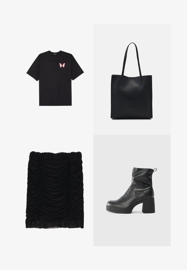 Black cotton t-shirt with short sleeves, featuring a small pink butterfly graphic on the left chest. Crew neck design with a relaxed fit.; Black mini skirt with gathered fabric, featuring a ruched design and a ruffled hem. Made of soft material with a smooth texture.; Black ankle boots made of smooth leather, featuring a side zipper, chunky textured heel, and rounded toe design.; Black leather tote bag with smooth texture, rectangular shape, and two long handles. No visible hardware or embellishments.