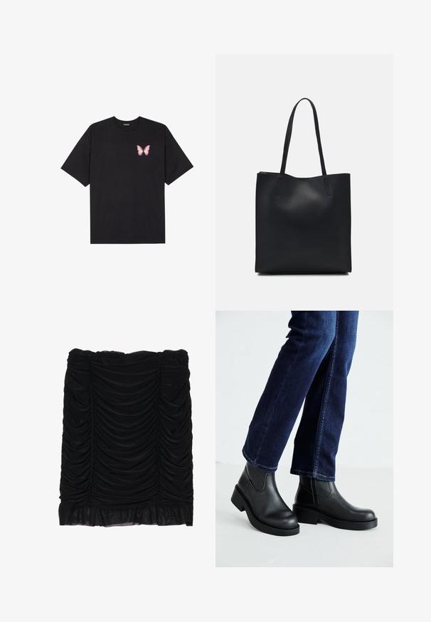 T-shirt de algodão preto com mangas curtas, apresentando um pequeno gráfico de borboleta rosa no lado esquerdo do peito. Design de gola redonda com um corte solto.; Saia mini preta com tecido franzido, apresentando um design com pregas e uma bainha com babados. Feita de material macio com uma textura suave.; Botas de tornozelo de couro preto com sola grossa e painéis elásticos laterais, combinadas com jeans azul escuro. O chão é de cor clara.; Bolsa tote preta em couro com textura lisa, forma retangular e duas alças longas. Sem hardware ou enfeites visíveis.