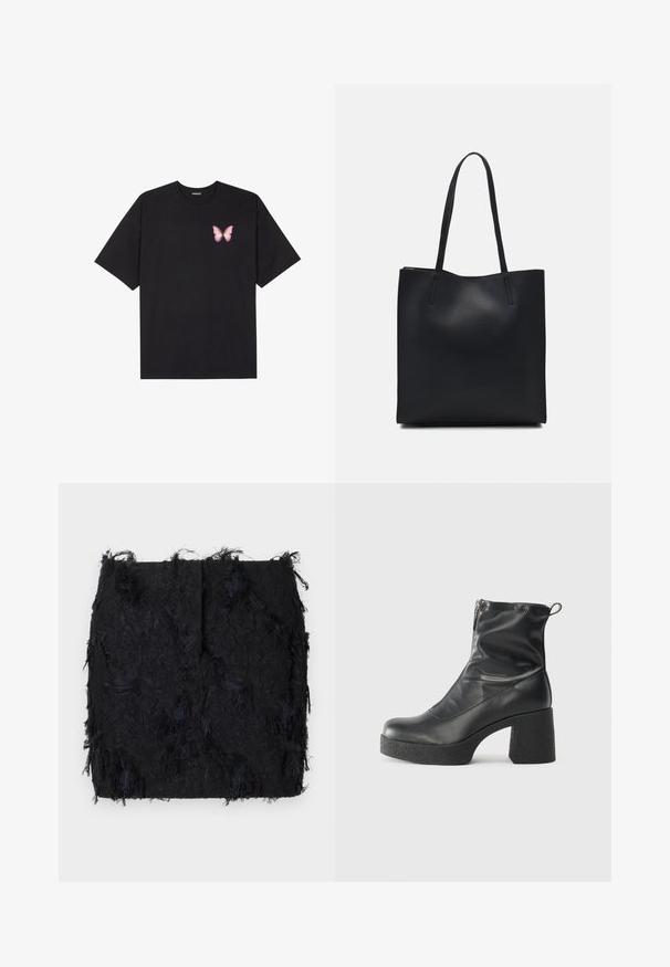 Svart bomulls T-skjorte med korte ermer, med en liten rosa sommerfugl grafikk på venstre bryst. Crew-neck design med en avslappet passform.; Svart teksturert skjørt med lagdelt frynse-design og en litt ujevn kant, laget av et lett materiale.; Svarte ankelstøvler laget av glatt lær, med glidelås på siden, chunky strukturert hæl, og rund tå-design.; Svart lær tote bag med glatt tekstur, rektangulær form og to lange håndtak. Ingen synlige deler eller dekorasjoner.
