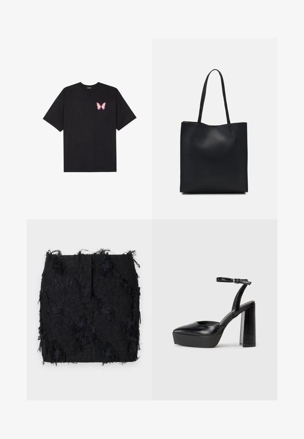 T-shirt de algodão preto com mangas curtas, apresentando um pequeno gráfico de borboleta rosa no lado esquerdo do peito. Design de gola redonda com um corte solto.; Saia preta texturizada com um design de franjas em camadas e uma bainha ligeiramente irregular, feita de um tecido leve.; Saltos altos pretos com bico fino e atilho ajustável no tornozelo. Confeccionados em couro suave, apresentam um salto bloco robusto.; Bolsa tote preta em couro com textura lisa, forma retangular e duas alças longas. Sem hardware ou enfeites visíveis.