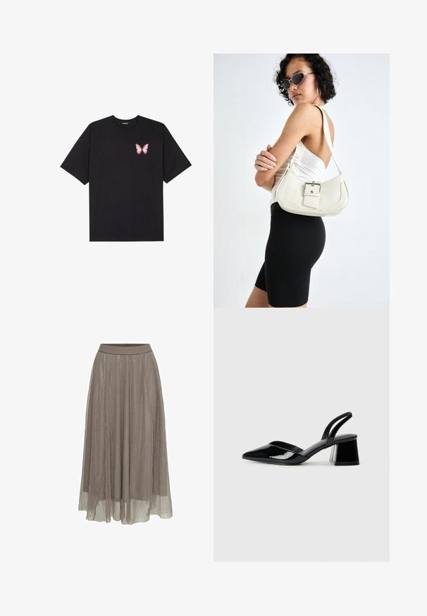 Schwarzes Baumwoll-T-Shirt mit kurzen Ärmeln, das ein kleines pinkes Schmetterlingsmotiv auf der linken Brust zeigt. Crewneck-Design mit einem entspannten Schnitt.; Faltenmaxirock in Taupe, mit einem glatten Bund und einer fließenden Silhouette. Hergestellt aus leichtem, transparentem Material mit feiner Textur.; Schwarze Lackleder-Slingback-High Heels mit spitzem Schuh und einem geometrischen Blockabsatz. Verfügt über ein schlankes, minimalistisches Design und eine glatte Textur.; Weiße Lederhandtasche mit geschwungener Form, verstellbarem Tragegurt und einem kleinen Schnallendetail. Das Modell trägt ein enges schwarzes Outfit.