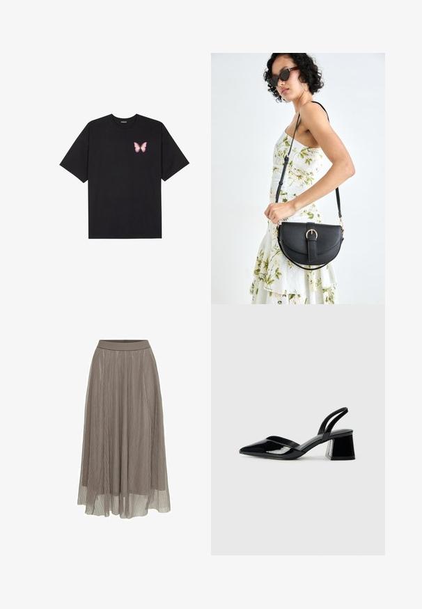 Musta puuvillapaita lyhyillä hihoilla, jossa on pieni vaaleanpunainen perhosgrafiikka vasemmassa rinnassa. Pyöreä kaula-aukko ja rento istuvuus.; Pleated maxi-hame taupe-värissä, jossa on silkkinen vyötärö ja virtaava siluetti. Valmistettu kevyestä, läpikuultavasta materiaalista, jossa on hieno tekstuuri.; Mustat patentoitu nahkakengät, joissa on säären takaosa ja terävä kärki, sekä geometrinen palikkakorko. Sisältää tyylikkään, minimalistisen muotoilun ja sileän pinnan.; Musta nahkainen käsilaukku, joka on kaareva muotoilultaan, irrotettavalla hihnalla ja kultaisilla yksityiskohdilla. Laukussa on läppä, jossa on solk yksityiskohta.
