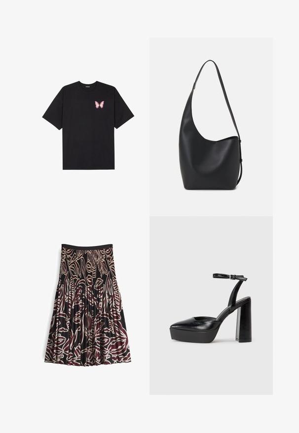 T-shirt nera in cotone con maniche corte, caratterizzata da una piccola grafica di una farfalla rosa sul lato sinistro del petto. Design a girocollo con una vestibilità rilassata.; Gonna nera con vita arricciata, caratterizzata da audaci motivi a foglia astratti in marrone e bianco e tessuto plissettato per texture e movimento.; Tacchi a piattaforma neri con punta appuntita e cinturino regolabile alla caviglia. Realizzati in pelle liscia, presentano un tacco a blocco spesso.; Borsa hobo nera in pelle con una superficie liscia, forma curvata e una singola tracolla regolabile; presenta un'ampia apertura nella parte superiore.