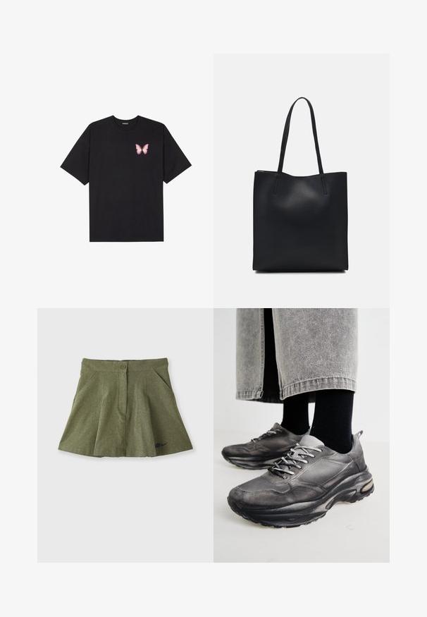 T-shirt de algodão preto com mangas curtas, apresentando um pequeno gráfico de borboleta rosa no lado esquerdo do peito. Design de gola redonda com um corte solto.; Nike Sportswear X NAOMI OSAKA SKIRT - Minissaia - medium olive/blackened blue; Sapatilhas atléticas pretas e cinzentas apresentam um upper em malha, solas espessas e atacadores. Têm um bico arredondado e detalhes de amortecimento visíveis.; Bolsa tote preta em couro com textura lisa, forma retangular e duas alças longas. Sem hardware ou enfeites visíveis.