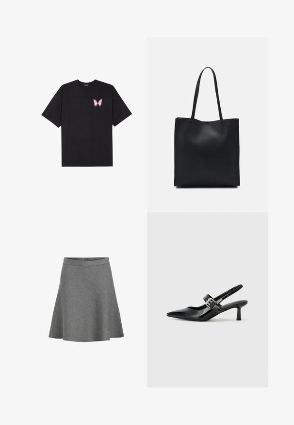 Black cotton t-shirt with short sleeves, featuring a small pink butterfly graphic on the left chest. Crew neck design with a relaxed fit.; Gray flared skirt made of soft fabric, featuring a smooth waistband and a hem that gently flares out, with a subtle texture and no patterns.; Black patent leather slingback heels with a pointed toe and a small block heel, featuring a silver buckle accent on the strap.; Black leather tote bag with smooth texture, rectangular shape, and two long handles. No visible hardware or embellishments.