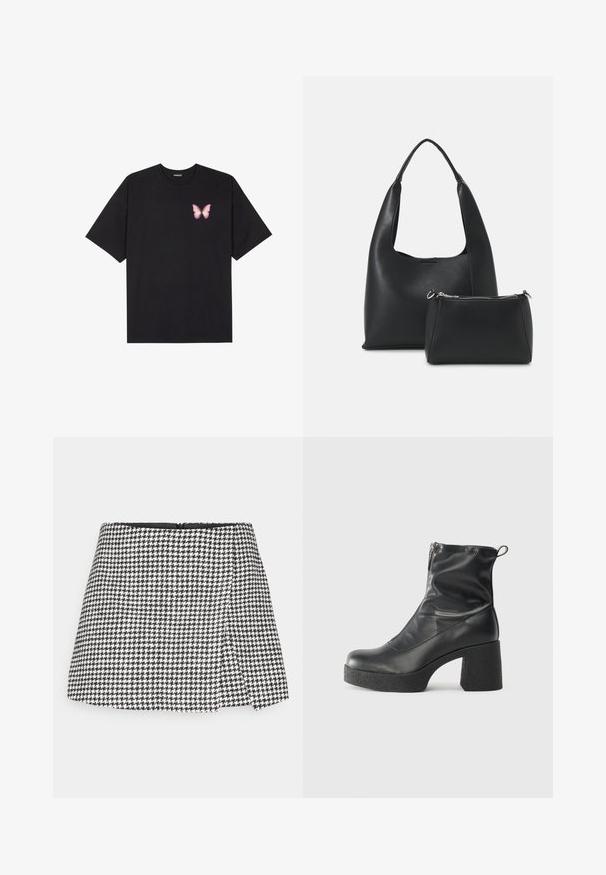 Fekete pamut póló rövid ujjakkal, bal mellkason egy kis rózsaszín pillangó grafikával. Kerek nyakú kialakítás, laza fazonnal.; Fekete-fehér houndstooth mintás mini szoknya egyenes vonallal, oldalsó cipzáras záródással és strukturált anyagból. Egyszerű fekete bélés.; Fekete bokacsizmák sima bőrből, oldalsó cipzárral, vastag, texturált sarkú és lekerekített orrú dizájnnal.; Even&Odd Kézitáska - black