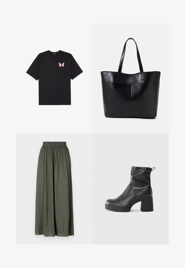 Black cotton t-shirt with short sleeves, featuring a small pink butterfly graphic on the left chest. Crew neck design with a relaxed fit.; Dark green maxi skirt made of lightweight fabric, featuring a gathered elastic waistband and flowing design with pleats.; Black ankle boots made of smooth leather, featuring a side zipper, chunky textured heel, and rounded toe design.; Black leather tote bag with two long handles, a smooth texture, and a structured shape. Features a front pocket for additional storage.