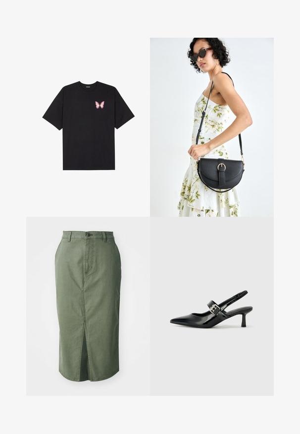 Svart bomullströja med korta ärmar, med en liten rosa fjärilsgrafik på vänster bröst. Rundad halsdesign med en avslappnad passform.; Olivgrön denimkjol med medellång längd, frontslits, traditionell midja med knappstängning och sydda detaljer längs sömmarna.; Svarta patentläder slingback-klackar med spetsig tå och en liten blockklack, med en silvrig spänneaccent på remmen.; Svart läderhandväska med en böjd form, avtagbar rem och guldiga detaljer. Väskan har ett lock med en spänndetalj.