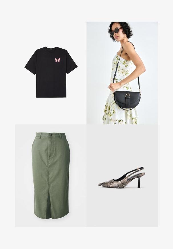 Čierne bavlnené tričko s krátkymi rukávmi, s malým ružovým motýlikom na ľavej hrudi. Design s okrúhlym výstrihom a uvoľneným strihom.; Olivovo zelená denimová sukňa so stredne dlhým strihom, predným rozparkom, tradičným pásom s gombíkovým zapínaním a prešitím podél švov.; Špicaté slingback topánky vyrobené z textúrovaného hadieho vzoru, s tenkým čiernym podpätkom a výrezovým dizajnom na stranách.; Čierna kožená kabelka s zaobleným tvarom, odnímateľným popruhom a zlatými doplnkami. Kabelka má klopu s detailom s prackou.