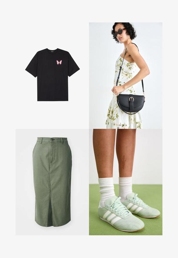 Fekete pamut póló rövid ujjakkal, bal mellkason egy kis rózsaszín pillangó grafikával. Kerek nyakú kialakítás, laza fazonnal.; Olíva zöld denim szoknya, középmagasságú vágással, elülső hasítékkal, hagyományos derékkal és gombos záródással, valamint varrott részletekkel az öltéseken.; Mentazöld sportcipők fehér csíkokkal, sima bőr textúrával, kerek orral és gumitalppal, fehér bordázott zoknival párosítva.; Fekete bőrtáska ívelt formával, levehető pánttal és arany színű fémrészekkel. A táskán egy csattal díszített fedél található.