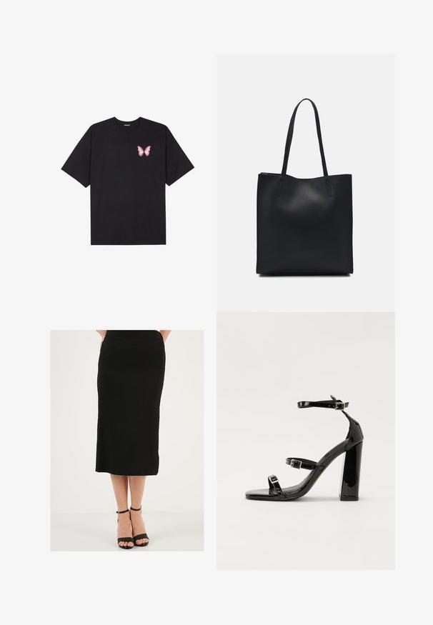 Tricou negru din bumbac cu mâneci scurte, având pe partea stângă a pieptului un mic grafic cu un fluture roz. Design cu guler rotund și croială lejeră.; Fustă midi neagră dintr-un material texturat, cu un tiv neted. Asortată cu sandale negre cu curea subțire la gleznă.; Sandale cu toc din patent negru, cu vârf pătrat, curele la gleznă și catarame din argint. Dispune de un toc gros pentru stabilitate.; Geantă tote neagră din piele, cu textură netedă, formă rectangulară și două mânere lungi. Fără hardware vizibil sau ornamente.