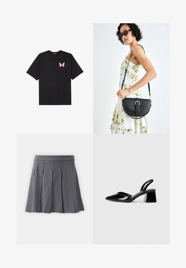 T-shirt de algodão preto com mangas curtas, apresentando um pequeno gráfico de borboleta rosa no lado esquerdo do peito. Design de gola redonda com um corte solto.; Saias pregueada cinza com um cós plano e detalhes de costura verticais. Feita de um tecido suave, o acabamento das costuras é limpo e simples.; Sandy em verniz preto com salto slingback, ponta afilada e salto geométrico. Apresenta um design elegante e minimalista com textura suave.; Bolsa de couro preta com forma curva, alça destacável e detalhes em dourado. A bolsa possui uma aba com detalhe de fivela.