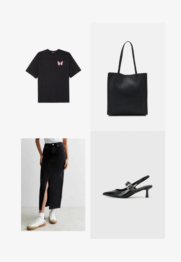 Camiseta de algodón negra de manga corta, con un pequeño gráfico de mariposa rosa en el lado izquierdo del pecho. Diseño de cuello redondo con un corte relajado.; New Look Midi - Falda acampanada - black; Zapatos de tacón en charol negro con tira al tobillo, punta afilada y un pequeño tacón bloque, que cuentan con un acento de hebilla plateada en la correa.; Bolso tote de cuero negro con textura lisa, forma rectangular y dos asas largas. Sin herrajes ni adornos visibles.