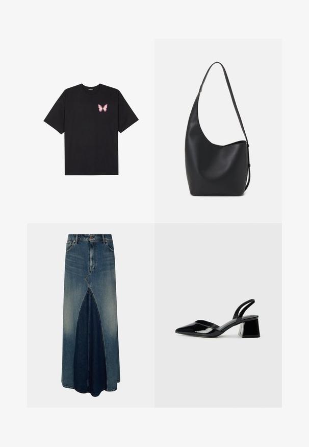 Čierne bavlnené tričko s krátkymi rukávmi, s malým ružovým motýlikom na ľavej hrudi. Design s okrúhlym výstrihom a uvoľneným strihom.; Modrá denimová maxi sukňa s predným obráteným záhybom, pútkami na opasok, gombíkom a zipsom, a so zafarbením na vyblednutí.; Čierne lakované kožené sandálové podpätky s špicatou špičkou a geometrickým blokovým podpätkom. Disponujú elegantným, minimalistickým dizajnom a hladkým povrchom.; Čierna kožená hobo taška so hladkou textúrou, zakriveným tvarom a jedným nastaviteľným popruhom; má široké otvorenie na vrchu.