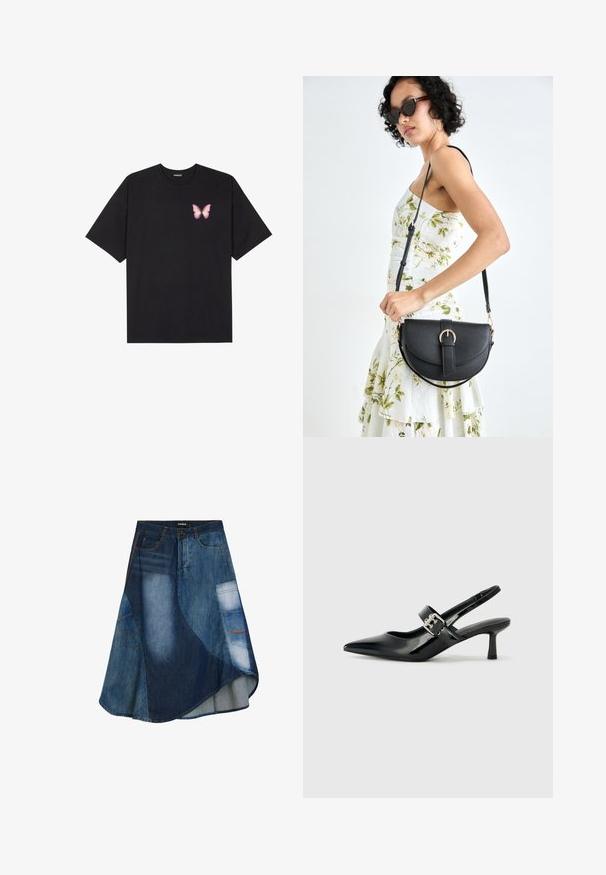 Zwarte katoenen t-shirt met korte mouwen, voorzien van een kleine roze vlinder graphic op de linkerkant van de borst. Crew neck ontwerp met een relaxte fit.; Denimrok met een mix van blauwe wassingen, een uitlopende ontwerp, een schuin zoom, sluiting met knopen aan de voorkant en details van utility zakken.; Zwarte gepatineerde leren slingback hakken met een puntige neus en een kleine blokhak, met een zilveren gespaccent op de band.; Zwarte leren handtas met een gebogen vorm, afneembare schouderband en gouden hardware. De tas heeft een klep met een gespsluiting.